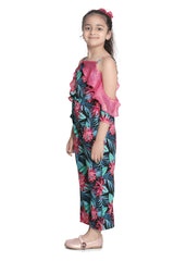 Girls Floral Jumpsuit with Pink Off Shoulder ruffle