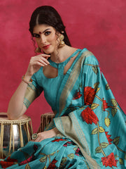 ساري نسائي أزرق مطبوع مطبوع من مزيج القطن مع قطعة بلوزة