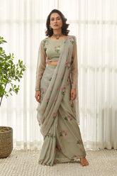 طقم ساري جاهز باللون الأخضر الطحلبي