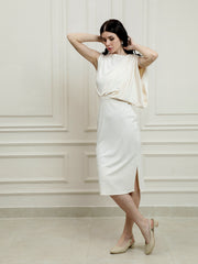 Women Solid Cream Boat Neck Sheath Midi Dress