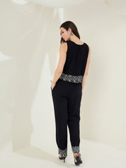 Women's Black Rayon Crepe Co-Ord Set with printed hemlines