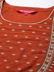 Varanga - Women maroon & silver embroidered Straight Kurta with Solid Trouser and Printed Dupatta with fringes