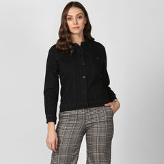 Women's Solid Black Denim Jacket