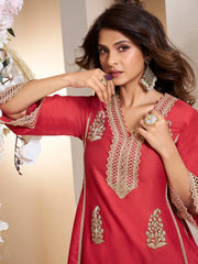 Red colour Embroiderd Anarkali Flared Kurta with Palazzos.