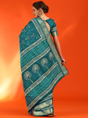 ساري نسائي أزرق مطبوع من القطن والحرير مع قطعة بلوزة