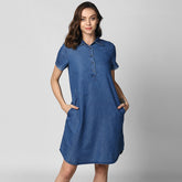 Women's Blue Denim Front Button Shirt Dress