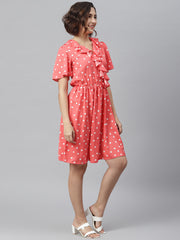 Women's Coral Polka Dress with Ruffle