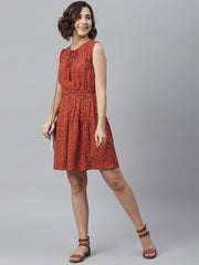 Women's Rust Polka Printed Tie Up dress