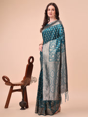 Banarasi Silk Saree with Silver Zari Woven Pallu & Border - Wedding & Festive Wear Elegance