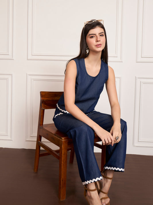 StyleStone Women's Denim Top & Pant Set with Ric Rac Lace detail