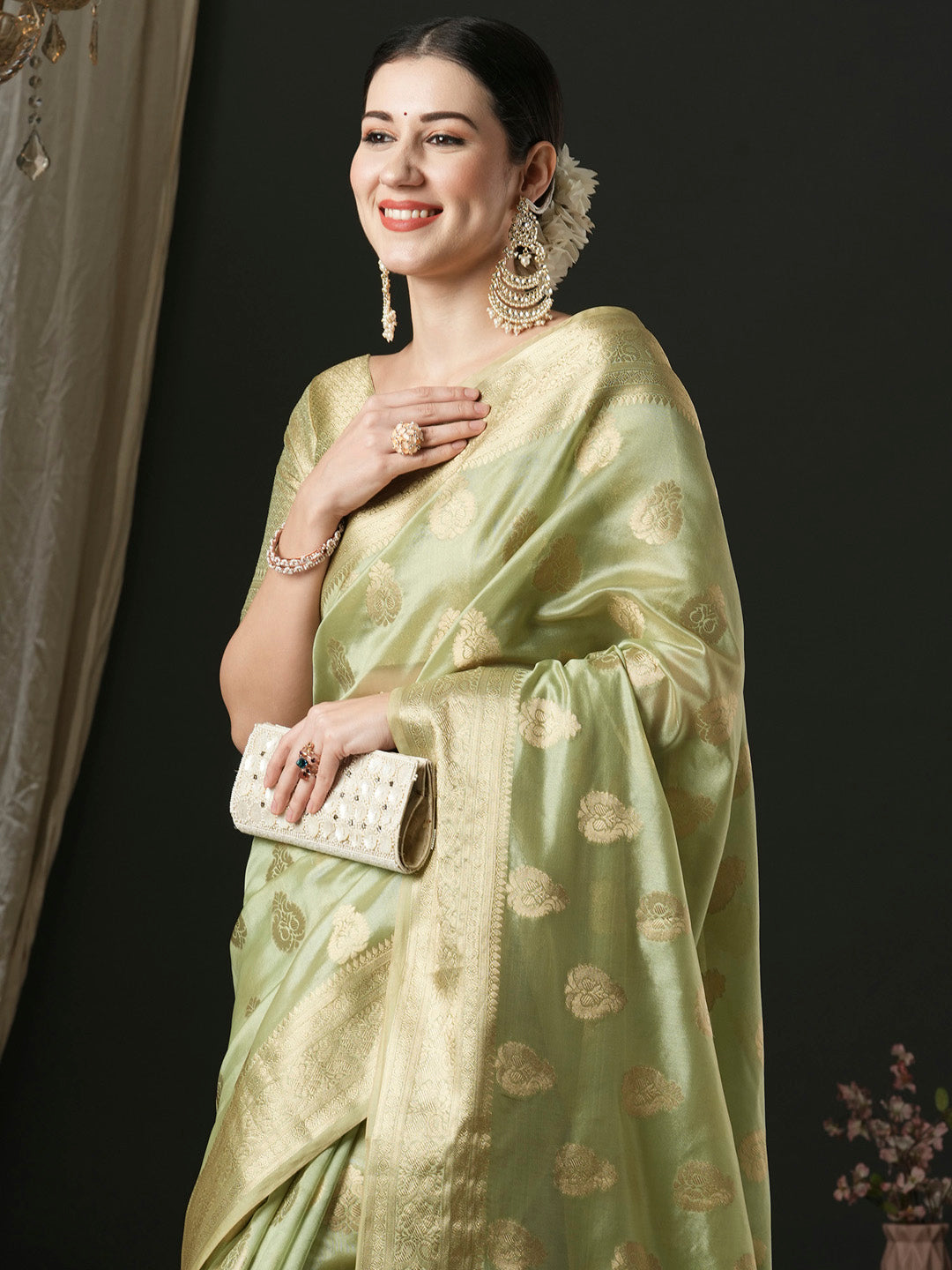 Women's Organza Light Green Woven Design Designer Saree With Blouse Piece