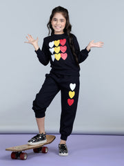 Girls Black Heart Printed Track Suit