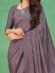 ساري نسائي مطبوع باللون الموف من الكريب مع قطعة بلوزة