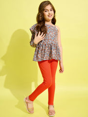 Girls Grey & Orange floral Printed One Shoulder top and Jeggings Set