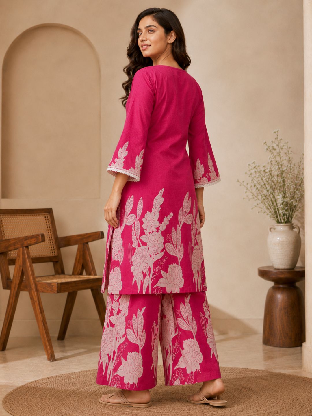 Pink Printed Cotton Straight Kurta Set
