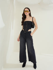 Women's Black Denim Off Shoulder Crop Top