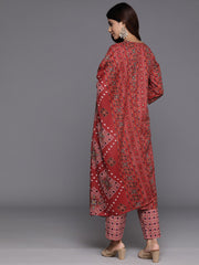 Varanga - Women Red Printed V - Neck Embroidered Kurta With Bottom And Dupatta