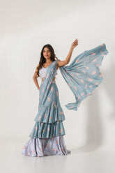 Aqua Blue & Slate Grey Ruffle Saree