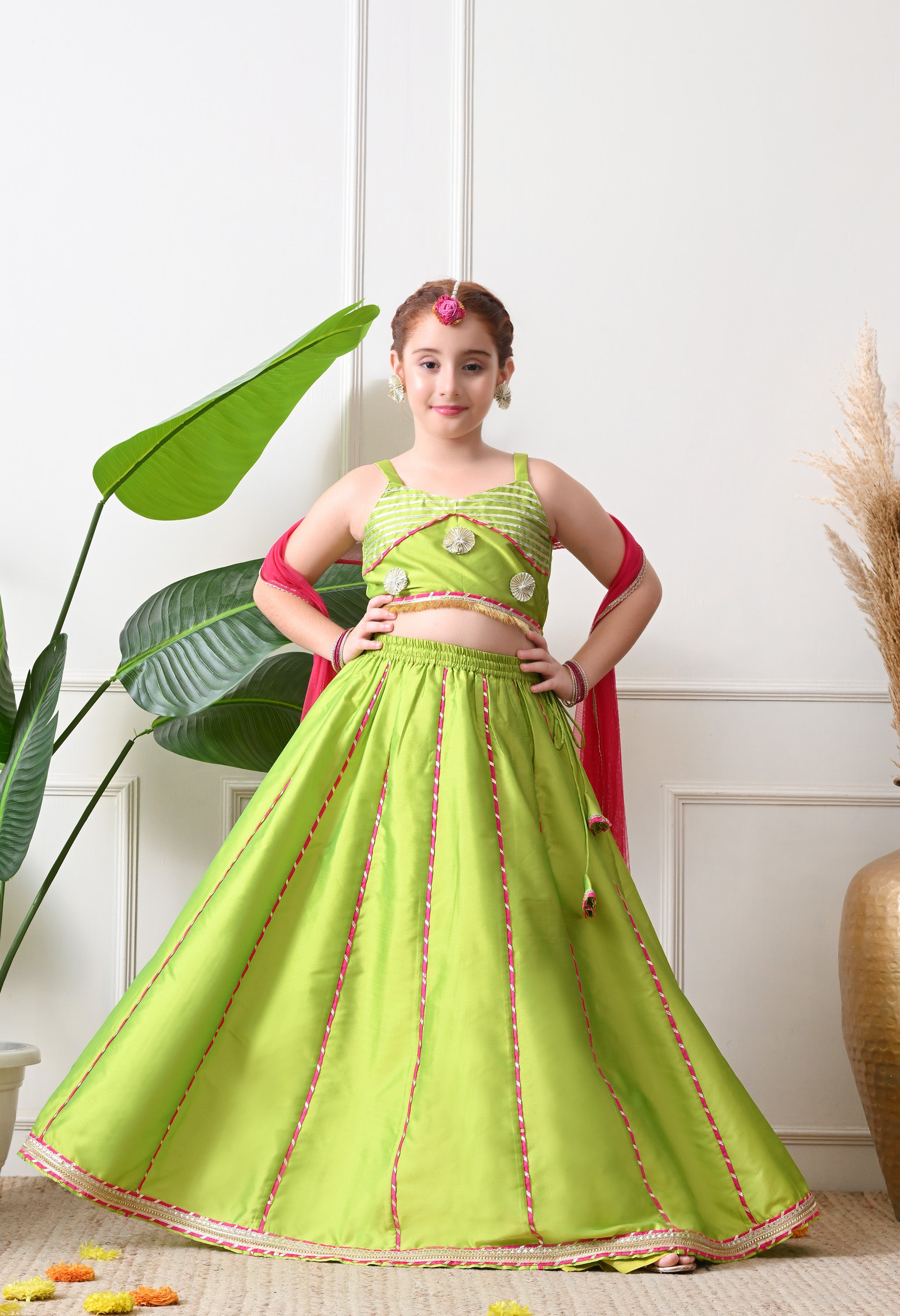 Girls Green Mirror Work Lehenga Choli Set with Dupatta Festive Ethnic Wear