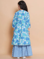 Girls Blue Floral Printed Angrakha Kurta with Sharara