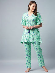 Women's Green & Blue Floral Printed Kaftan Style  Set