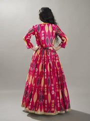 Girls Pink & Yellow Ikat Digital Print Ready to Wear Lehenga & Blouse with Jacket
