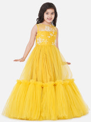 Net Woven Sleeveless Embroidered Flared Frock - Yellow