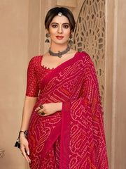 ساري نسائي من الشيفون الوردي المطبوع بتصميم أنيق مع قطعة بلوزة