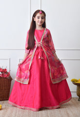 Girls Festive Pink Lehenga Choli with Printed Jacket Set
