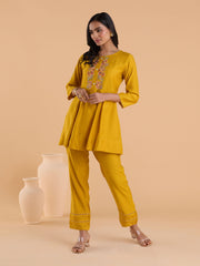 Women Yellow Embroidered A-Line Co-Ord Set