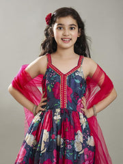 Girls Grey Floral Printed Empire Gotta Patti Kurta with Sharara & With Dupatta