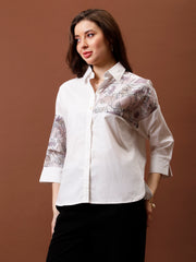 Roll-Up Sleeves Applique Cotton Shirt Style Top