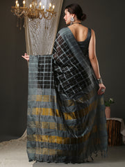 Women's Aura Silk Black WovenDesign DesignerSaree With Blouse Piece