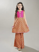 Girls Peach Floral Printed Kurta With Sharara