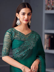 Women's Satin Silk Teal blue Embellished Designer Saree With Blouse Piece