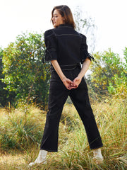 Women Puff Sleeve Denim Top With Trousers Co-Ords