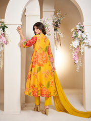 Yellow Colour Floral Printed Flared Anarkali Kurta with Palazzos Dupatta.