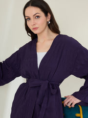 Women's Purple Textured Shrug & Pant Set (inner not included)
