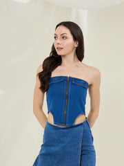 Women's Blue Denim Off Shoulder Crop Top