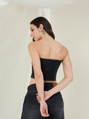 Women's Black Denim Off Shoulder Crop Top