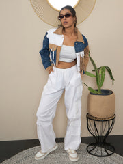 Women's Brown Denim Crop Jacket with Color Blocking patchwork detail