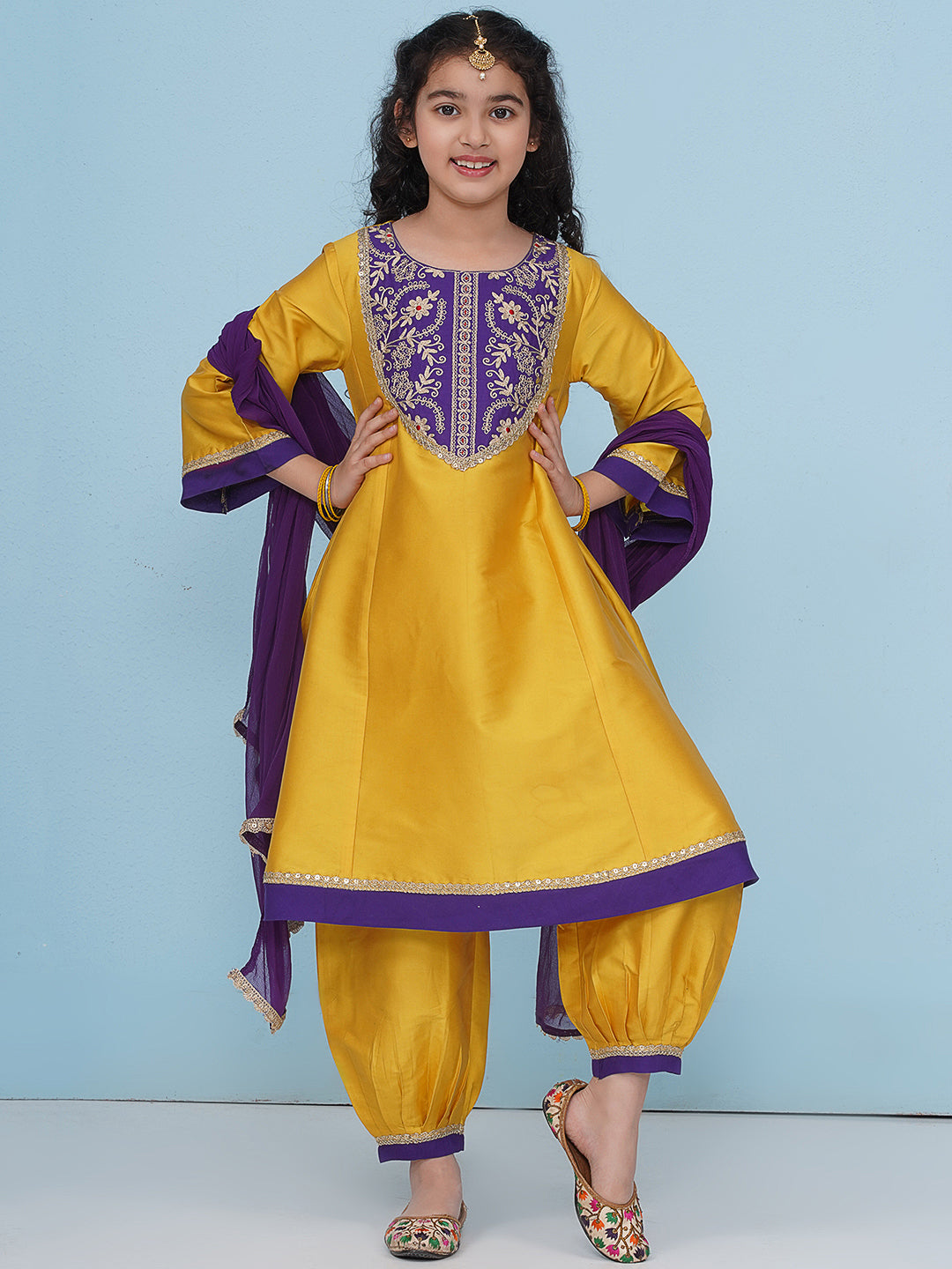 Bitiya by Bhama - Solid Three-Fourth Sleeves Above Knee Length Silk Kurta & Salwar With Dupatta - Yellow