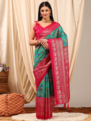 ساري نسائي أزرق مطبوع مطبوع من مزيج القطن مع قطعة بلوزة