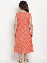 Cotton Blend Woven Sleeveless Foli Print Flared Frock - Peach