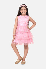 Girls MultiTier Embellished Pink Net Party Dress