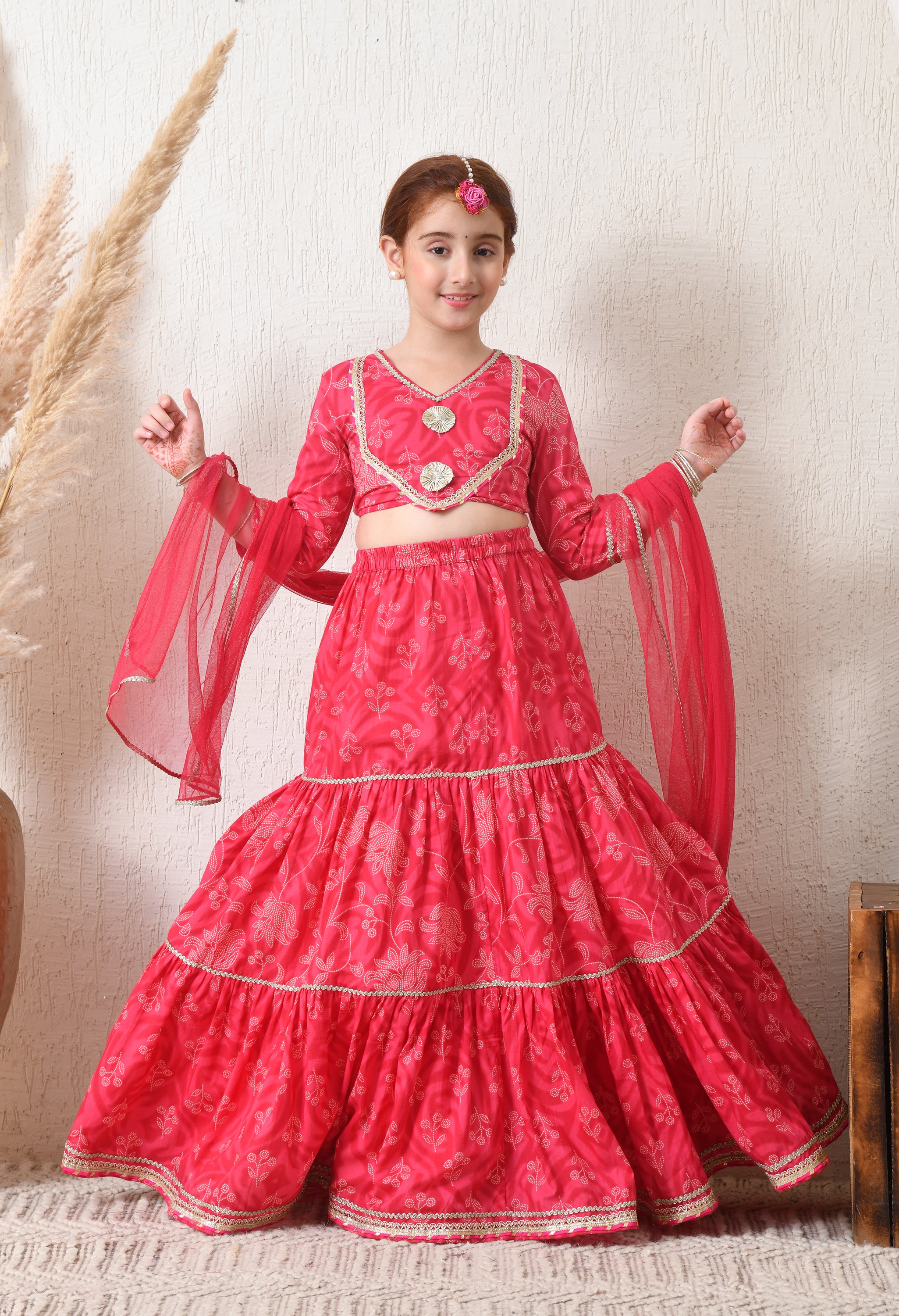 Girls Pink Tiered Lehenga Choli Set with Dupatta Traditional Festive Wear