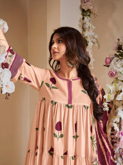 Peach Floral Printed Flared Tier Anarkali Kurta with Palazzos Dupatta.