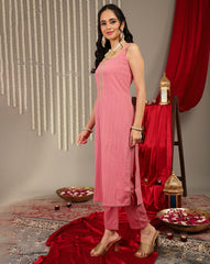 women Mauve Straight Kurta With Tonal Bottom & Dupatta