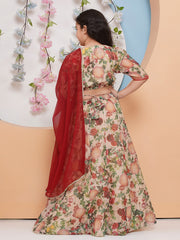 Girls Beige & Red Flower Printededed Ready to wear Lehenga & choli