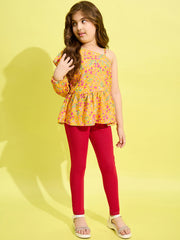Girls Yellow floral Printed One Shoulder top and Jeggings Set